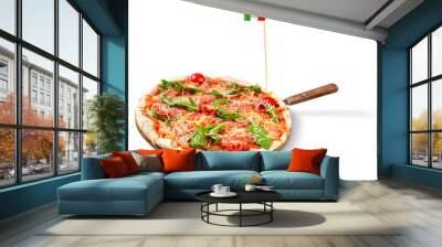 Pizza with Tomatoes, Cheese and Basil and an Italian Flag Wall mural