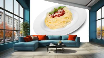 plate with spaghetti, sauce and basil on white background Wall mural