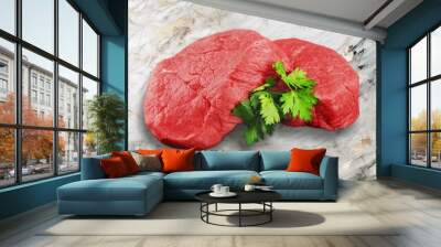 Raw red beef steak with herbs Wall mural