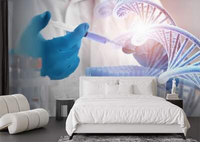 research concept, scientist using microscope with DNA molecules symbol Wall mural