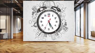 Retro alarm clock and drawing on  background Wall mural