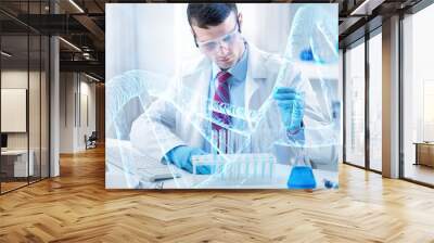 Scientist with tube pcr and virtual screen with data scientific at genetic engineering lab. Biomedical engineer genetic working with tubes in biotechnical laboratory Wall mural