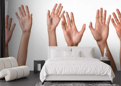 Set of raised hands, isolated on white Wall mural