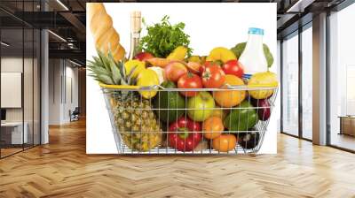 Shopping cart full with various groceries on  background Wall mural