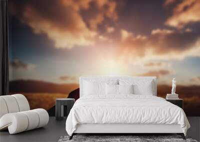 Silhouette of hand prayer person worship God with sunrise Wall mural