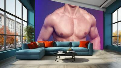 Sportive young male bodybuilder in neon light Wall mural