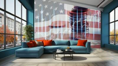 Stock market investment trading financial, coin and USA America flag for analyze finance business trend Wall mural