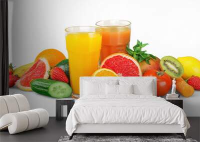 Tasty fruits  and juice with vitamins on background Wall mural