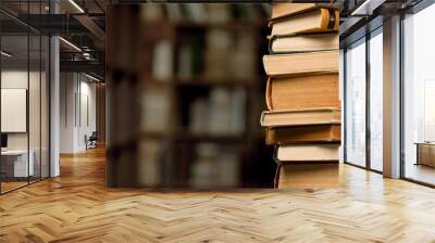 The stack ancient books on a library background Wall mural