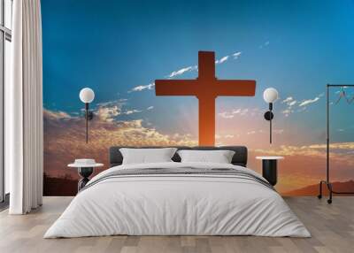 The wooden Cross at the sunset sky background Wall mural