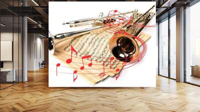 Trumpets and vintage notes on white background Wall mural