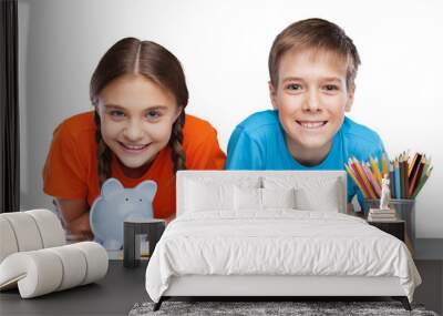 Two School Children with Piggy Bank and Textbooks Wall mural