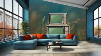 Two vintage old televisions in forest background Wall mural