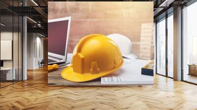 Yellow helmet with equipment on  background Wall mural