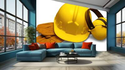 Yellow Safety Helmet with Safety Gloves and Ear Protection Wall mural