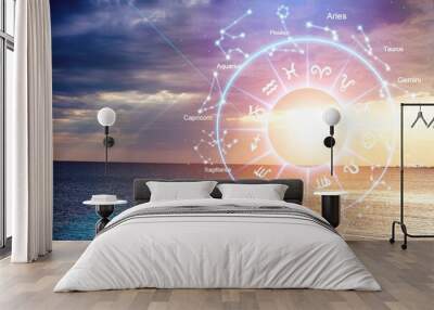 Zodiac signs inside of horoscope circle astrology and horoscopes concept on background Wall mural