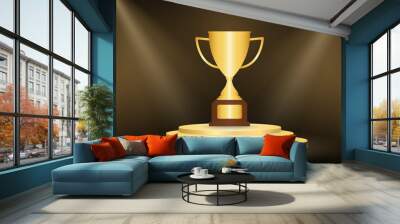 Golden Trophy Cup or Winner Cup Award on Stage Podium. Winner Podium. Champion and Winning or Celebration Concept. Vector Illustration. Wall mural