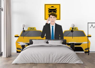 Taxi Service. Man Using Smartphone to Call Taxi. Vector Illustration. Wall mural