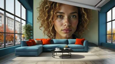 Stylish Woman with Natural Curls in Thoughtful Pose Wall mural