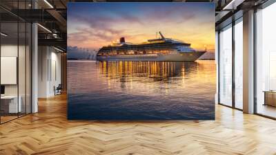 Cruise ship lit warmly against a twilight backdrop, reflecting beautifully on the tranquil ocean Wall mural