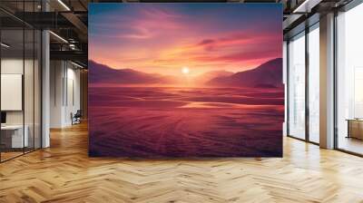 A breathtaking sunrise over a vast, open desert, with the sun rising over the horizon, casting a warm glow over the sand and the distant mountains Wall mural