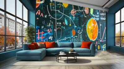 A close-up of a chalkboard with math equations and colorful drawings. Wall mural