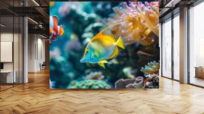 A close-up of colorful tropical fish swimming in a coral reef. Wall mural