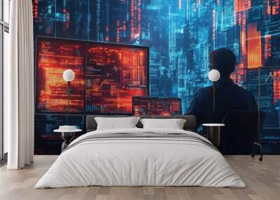 AI cyber security threat illustration with an IT specialist analyzing data Wall mural