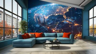 America-centric digital globe showcasing high-speed data transfer and cyber technology in a global network hub setting Wall mural