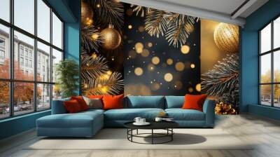 Christmas Poster set of Christmas Background with golden branches of christmas tree Wall mural