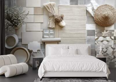 Creative interior designer moodboard with flat lay composition of textile and paint samples, panels, and cement tiles. Beige and gray color palette Wall mural