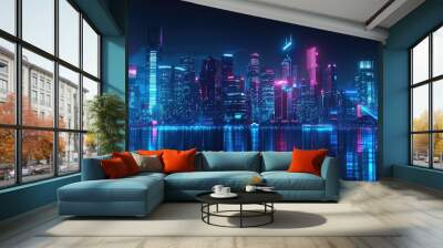 Futuristic smart city skyline at night, illuminated with neon lights. Wall mural