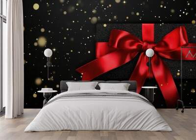 gift card wishes merry christmas background with red ribbon bow on black shiny vibrant color texture template with blank copy space Wall mural