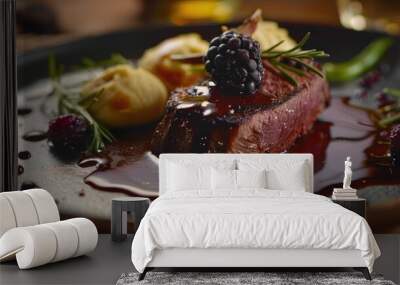 High-end venison dish with a blackberry reduction. Wall mural