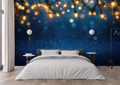 holiday illumination and decoration concept - christmas garland bokeh lights over dark blue background Wall mural