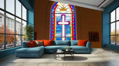 Stained Glass Windows and Interior of St. Augustine Episcopal Church, Kapaau, Hawaii Island, Hawaii, USA Wall mural