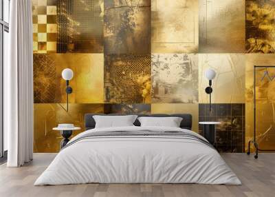 Modern gold texture poster with geometric patterns, showcasing a variety of gold tones and textures in an abstract and visually appealing composition. Wall mural