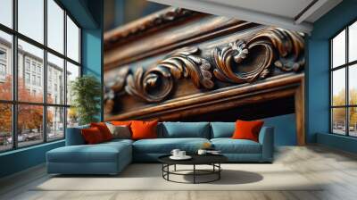 Ornate wooden picture frame with carved details, Wall mural