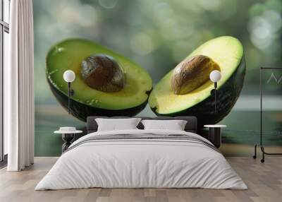 Perfectly ripe avocado cut in half with pit. Wall mural