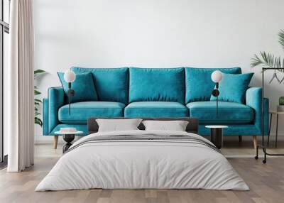 Turquoise sofa in spacious room against blank white wall with copy space Scandinavian interior design of modern living room, home Wall mural