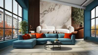 Two brown lounge chairs against white sofa and round coffee tables Mid-century home interior design of modern living room with marble wall Wall mural