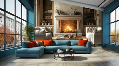 Two sofas near fireplace French country, provence interior design of modern living room, home Wall mural