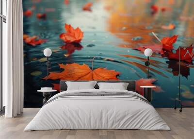 Vibrant red and orange maple leaves floating on a calm pond. Wall mural