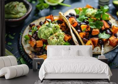 Vibrant vegan tacos with roasted sweet potatoes, black beans, and a creamy avocado sauce. Wall mural