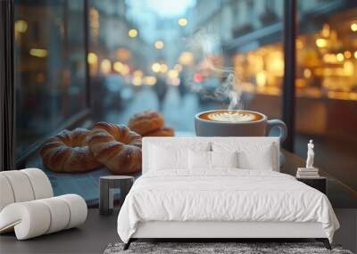 A steaming cup of latte with pastries on a table in a cafe Wall mural