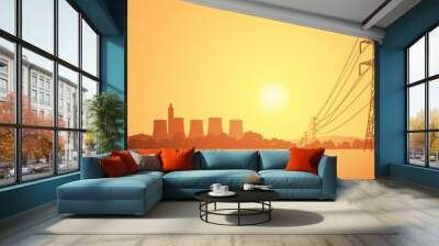 Electrical Power Lines and Electricity Plant with Cooling Towers Wall mural