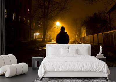 one man on the foggy street at night Wall mural