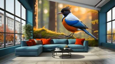  colorful bird with a black and white head, an orange beak and a blue tail perched on the  Wall mural