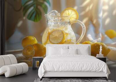 Icy lemonade pitcher with lemon slices Wall mural