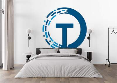 Circle T Letter Digital Network , Technology and digital abstract line T network circuit vector logo. Wall mural